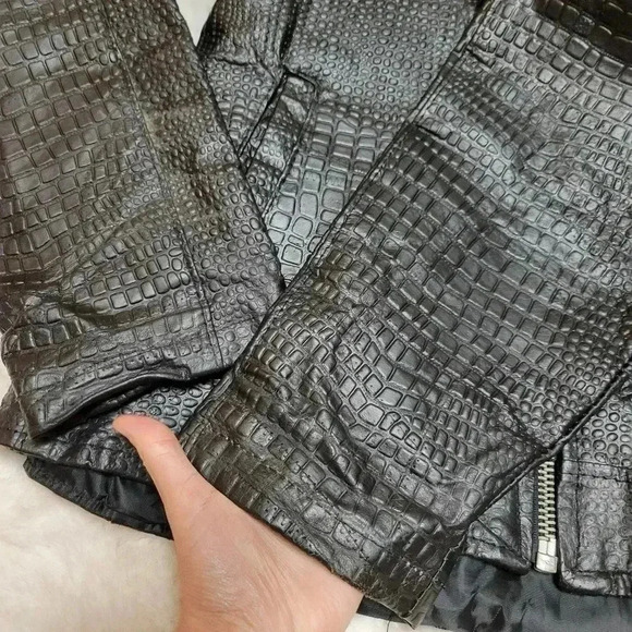 Navarre Croc Embossed Black Buffalo Leather Embroidered Rose Moto Jacket Biker - Picture 5 of 10